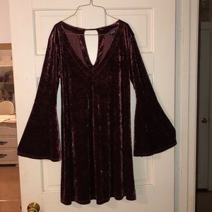 Burgundy Crushed Velvet V-Neck Bell Sleeve Dress